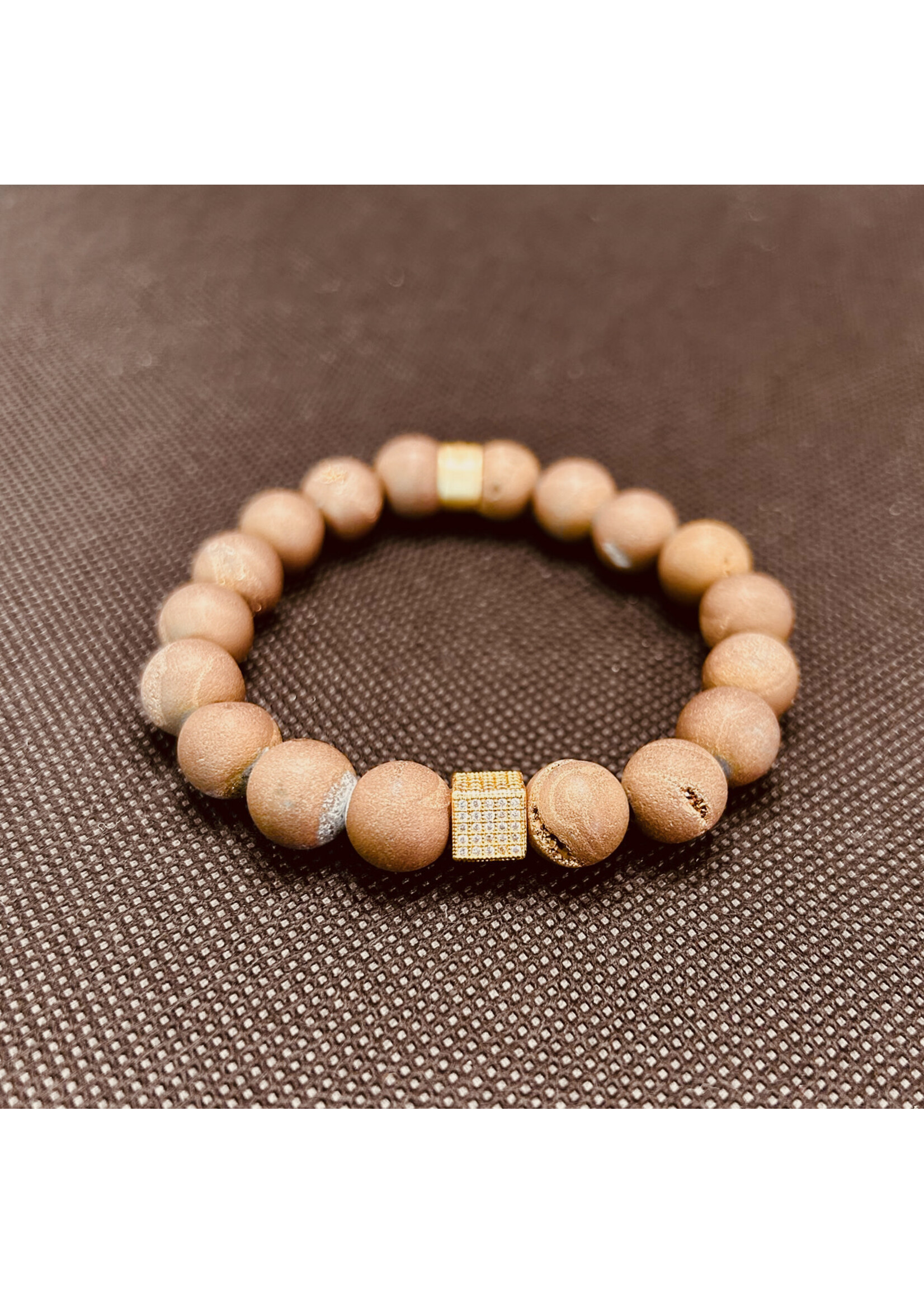 Golden Brown Druzy (Dyed) Agate Crystal Bracelet with Silver Spacer 10 mm