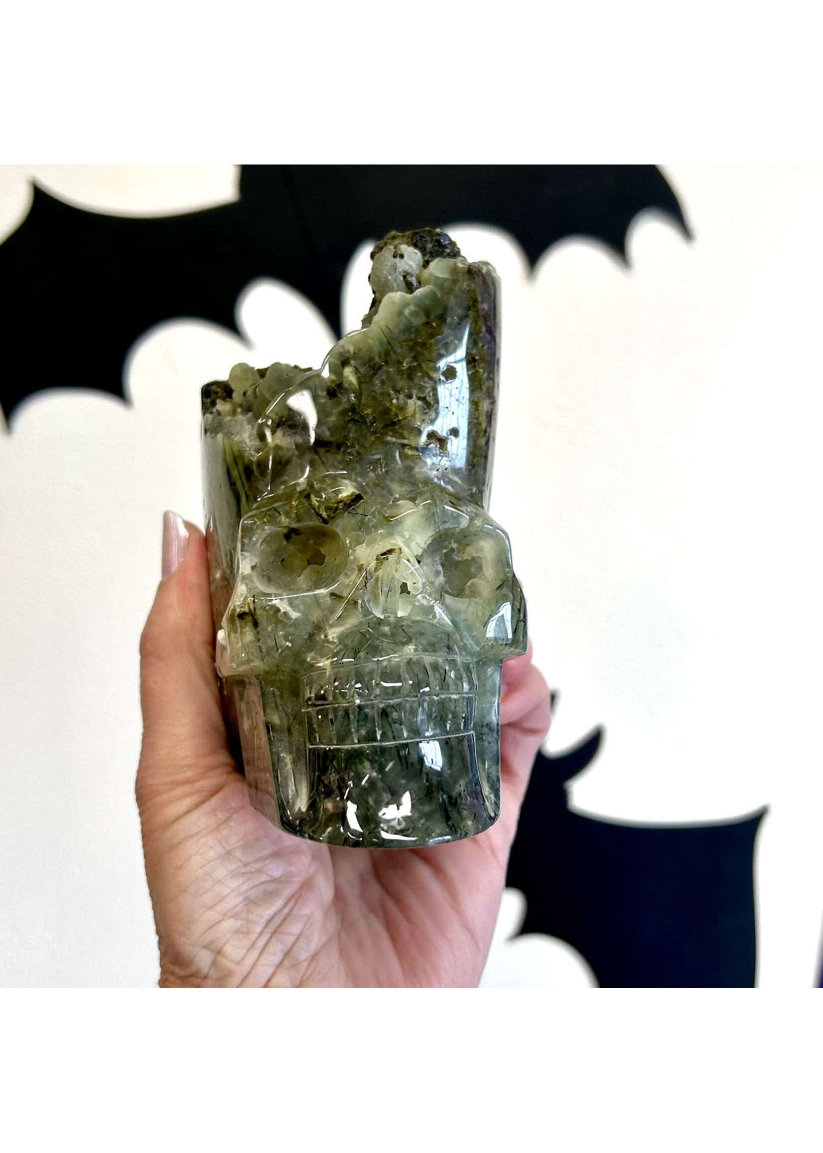 Prehnite with Epidote Skulls for ancient healing and abundance
