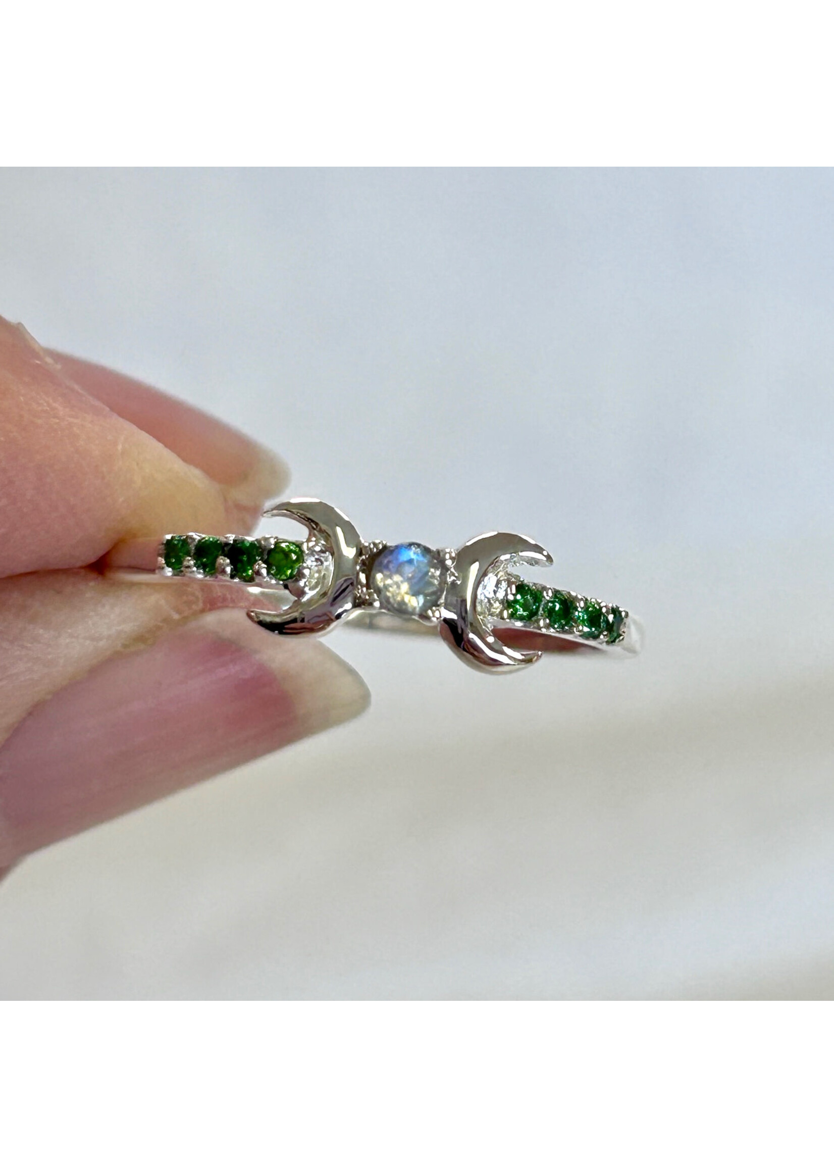 Emerald or Ruby Moonstone Ring with Moon