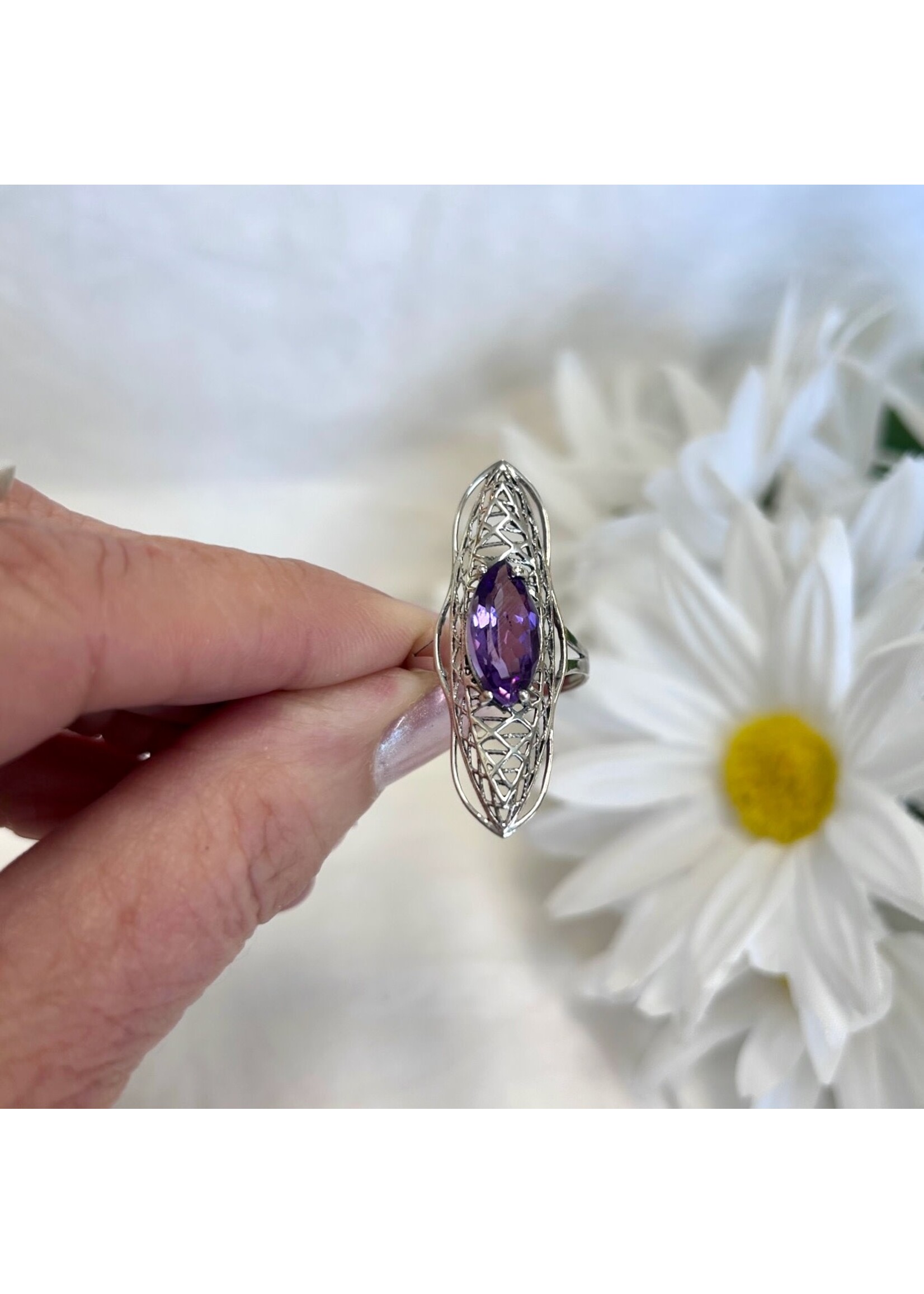 Amethyst Faceted Ring Marquise Sz 8