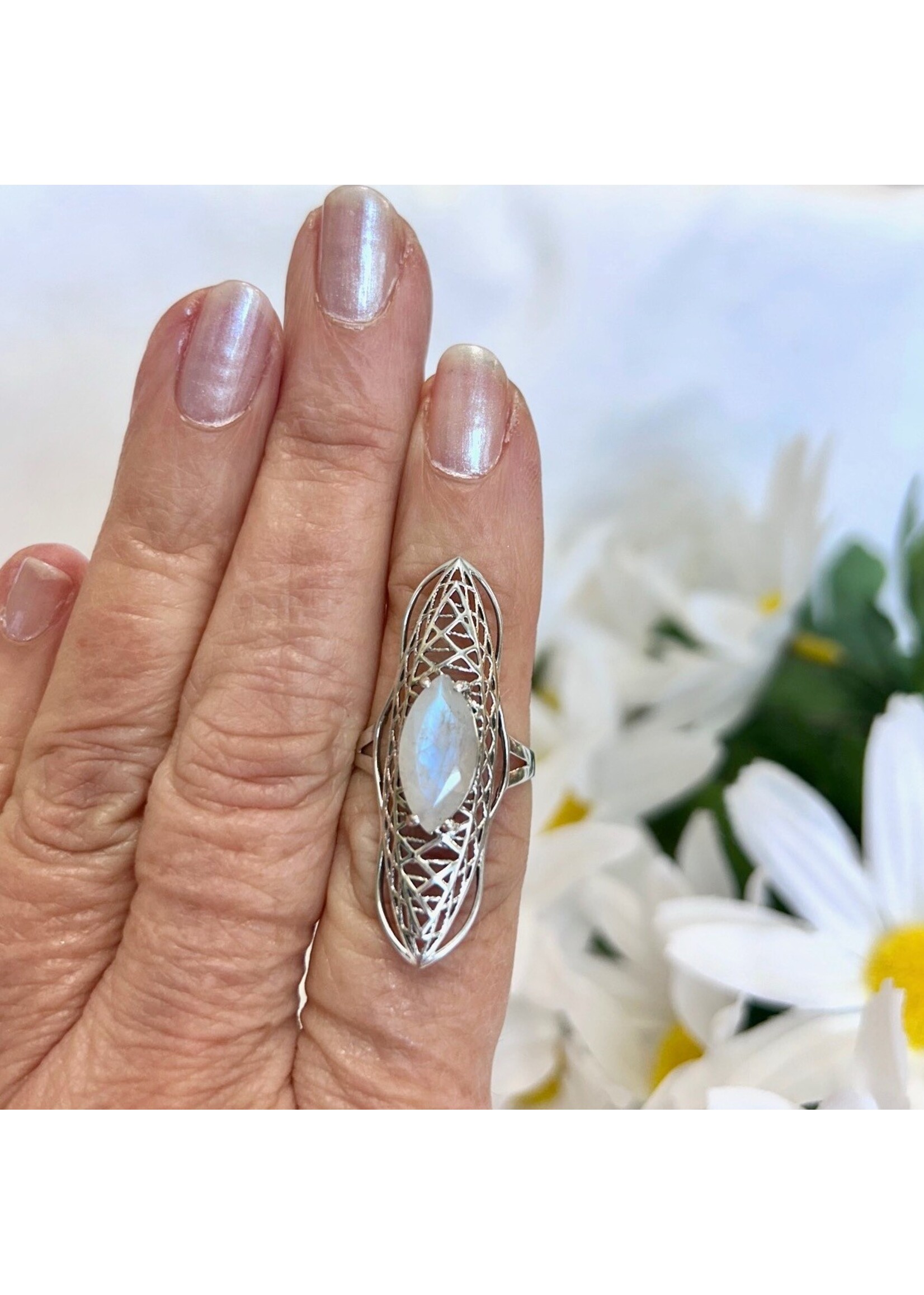 Rainbow Moonstone Faceted Ring Marquise Sz 7