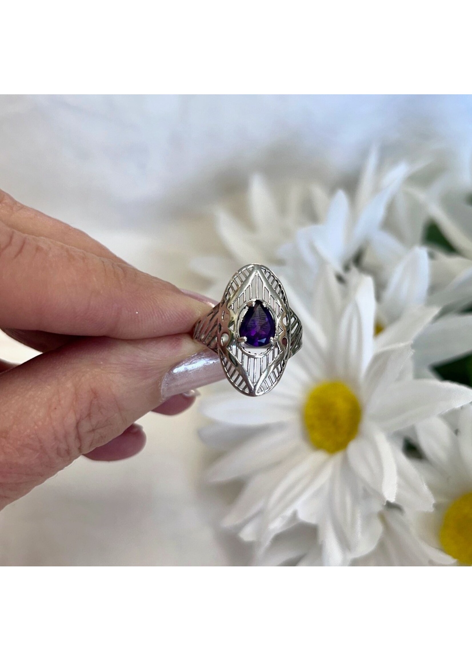 Amethyst Faceted Ring Teardrop Sz 9