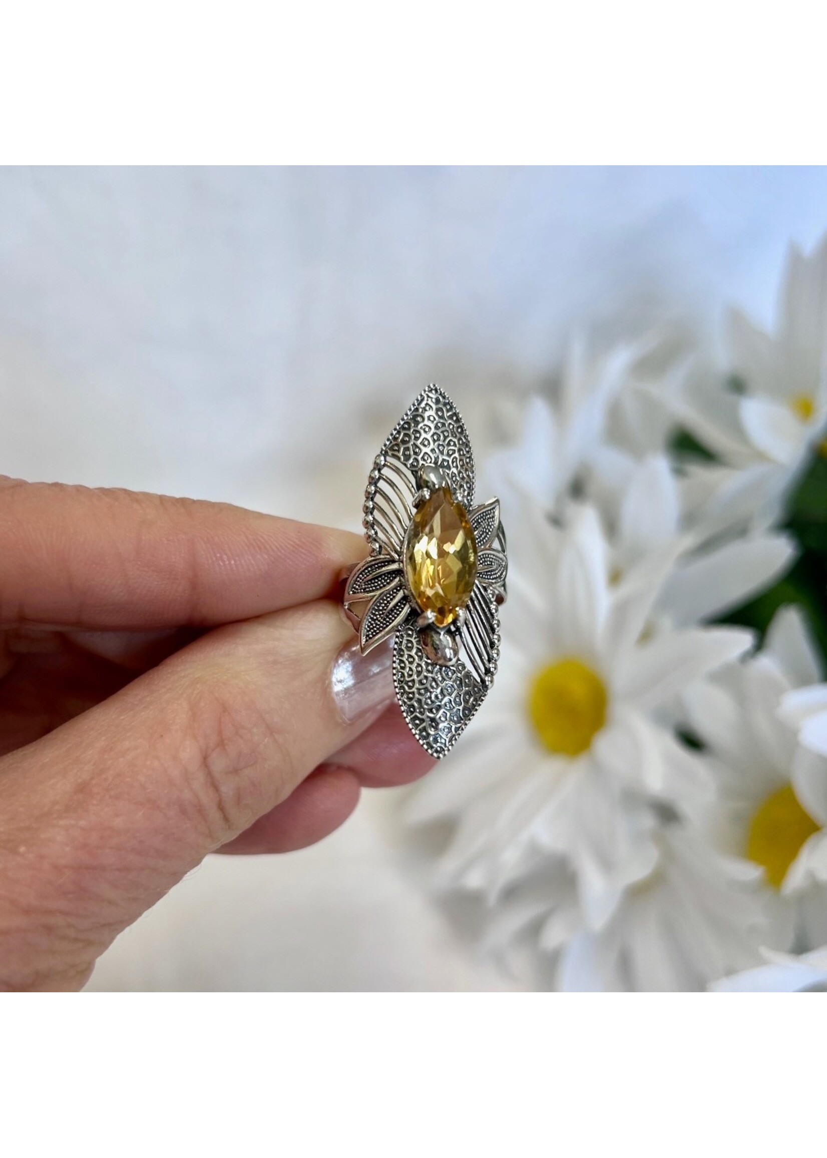 Citrine Faceted  Ring Marquise with flower/leaf Sz 7