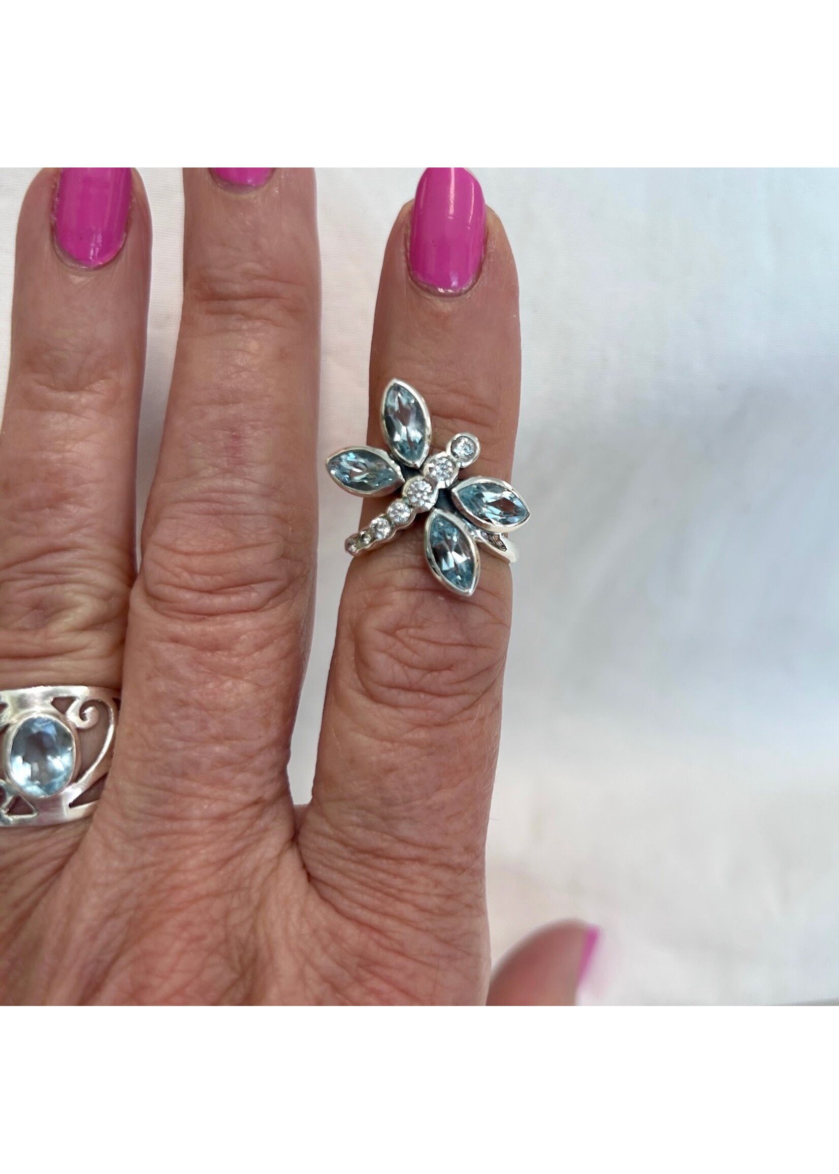 Blue and White Topaz Dragonfly Faceted Ring Sz 6