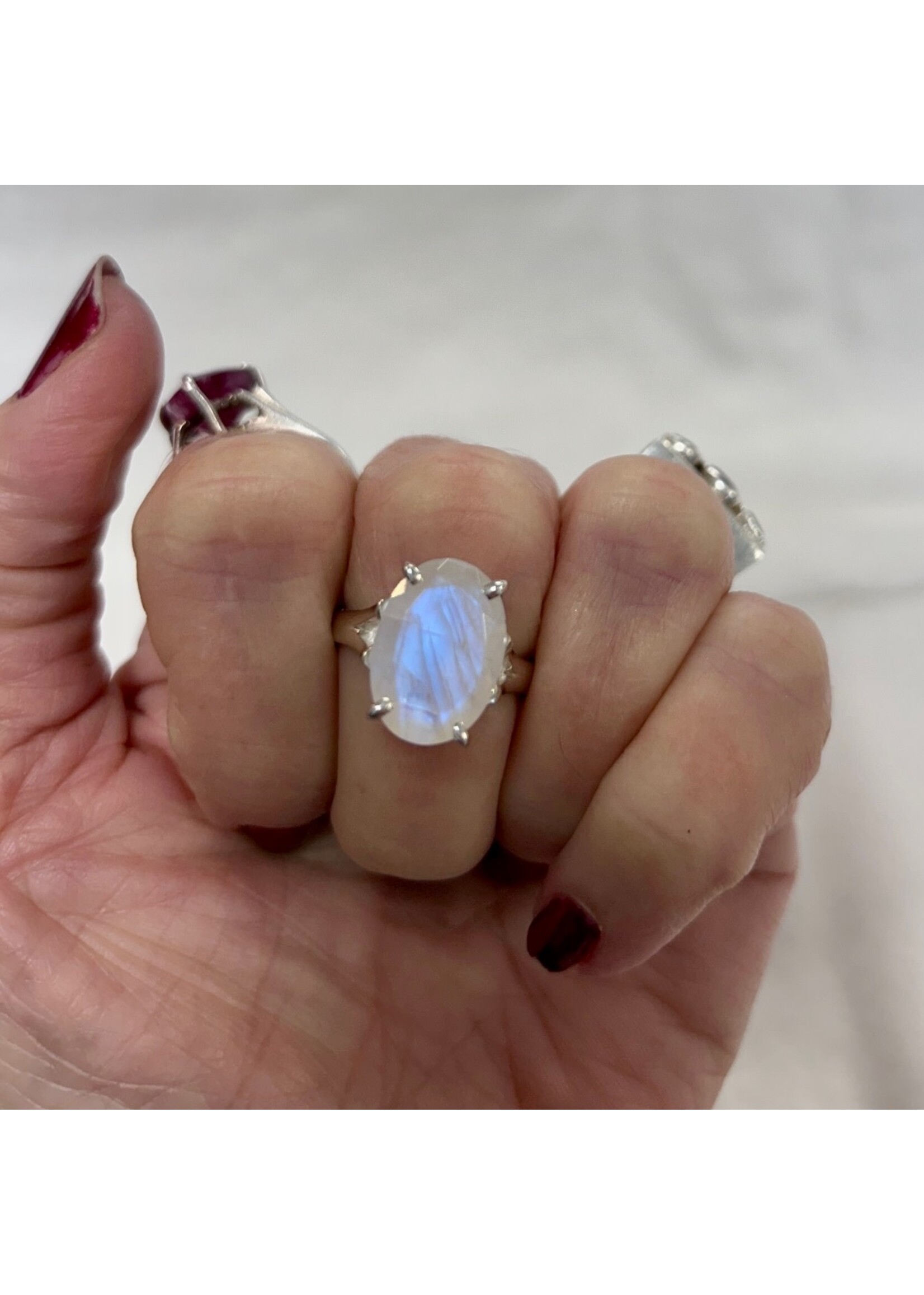 Rainbow Moonstone Faceted Rings Oval Sz 7