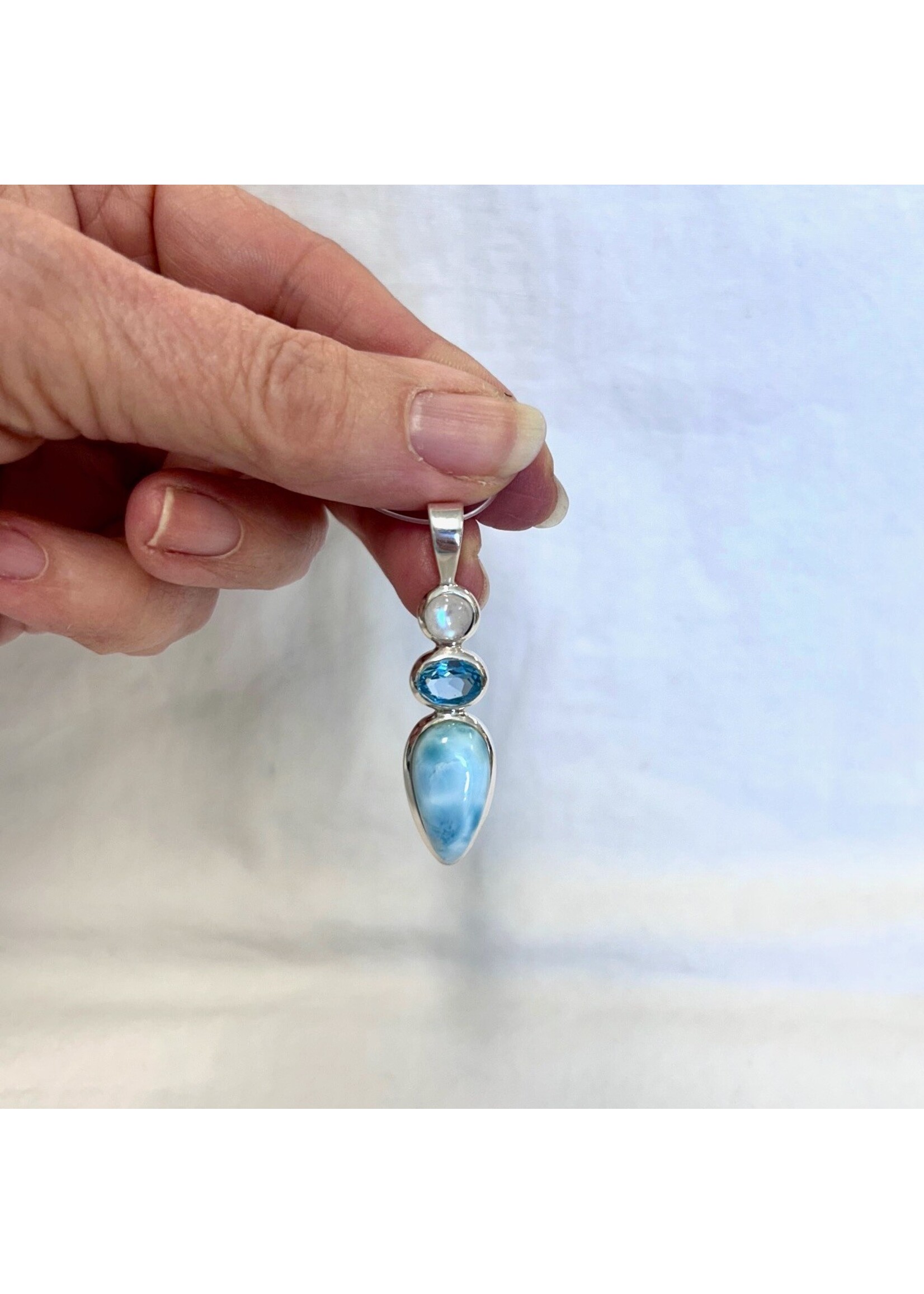 Blue Topaz, Moonstone and Larimar Pendants