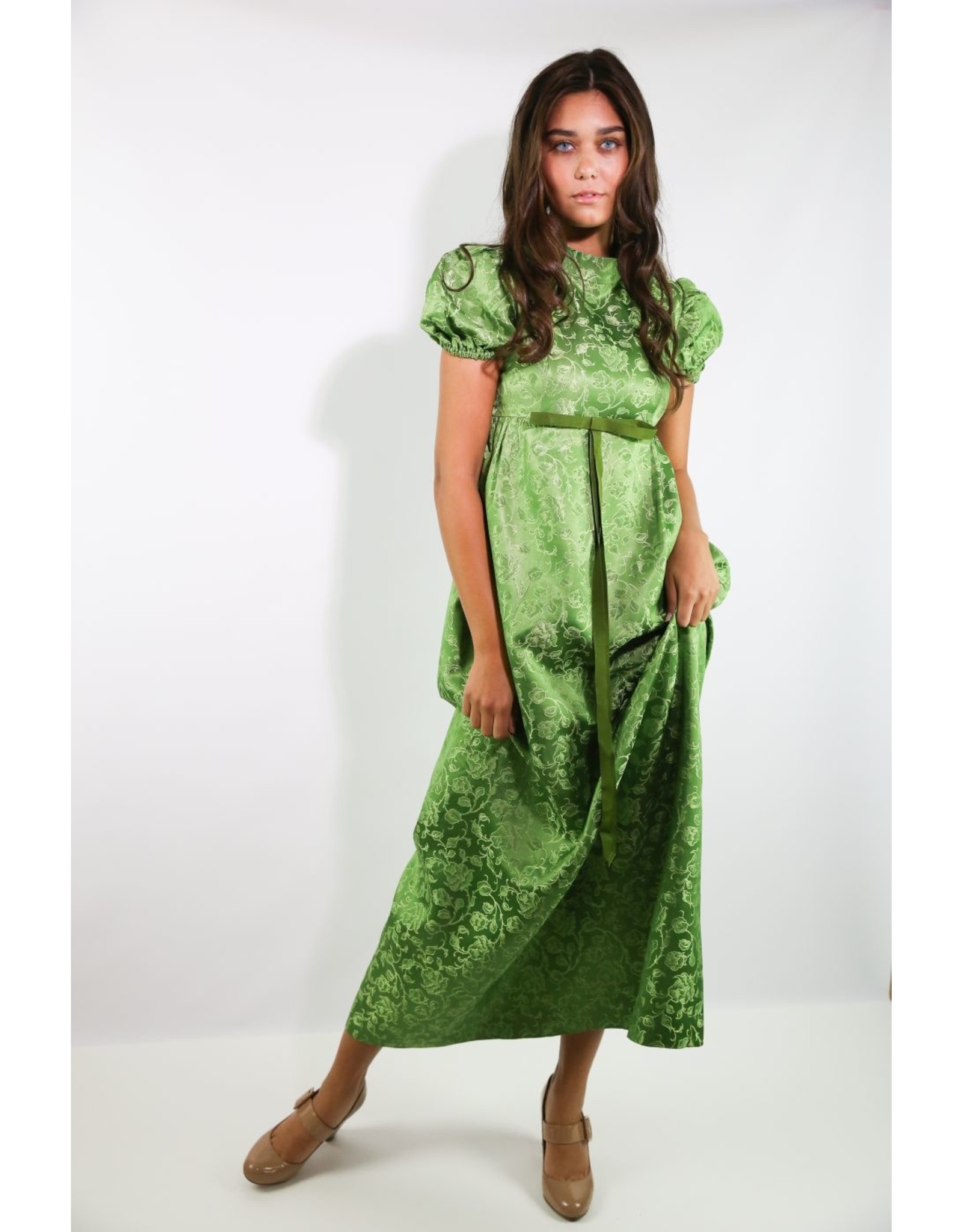 green brocade dress