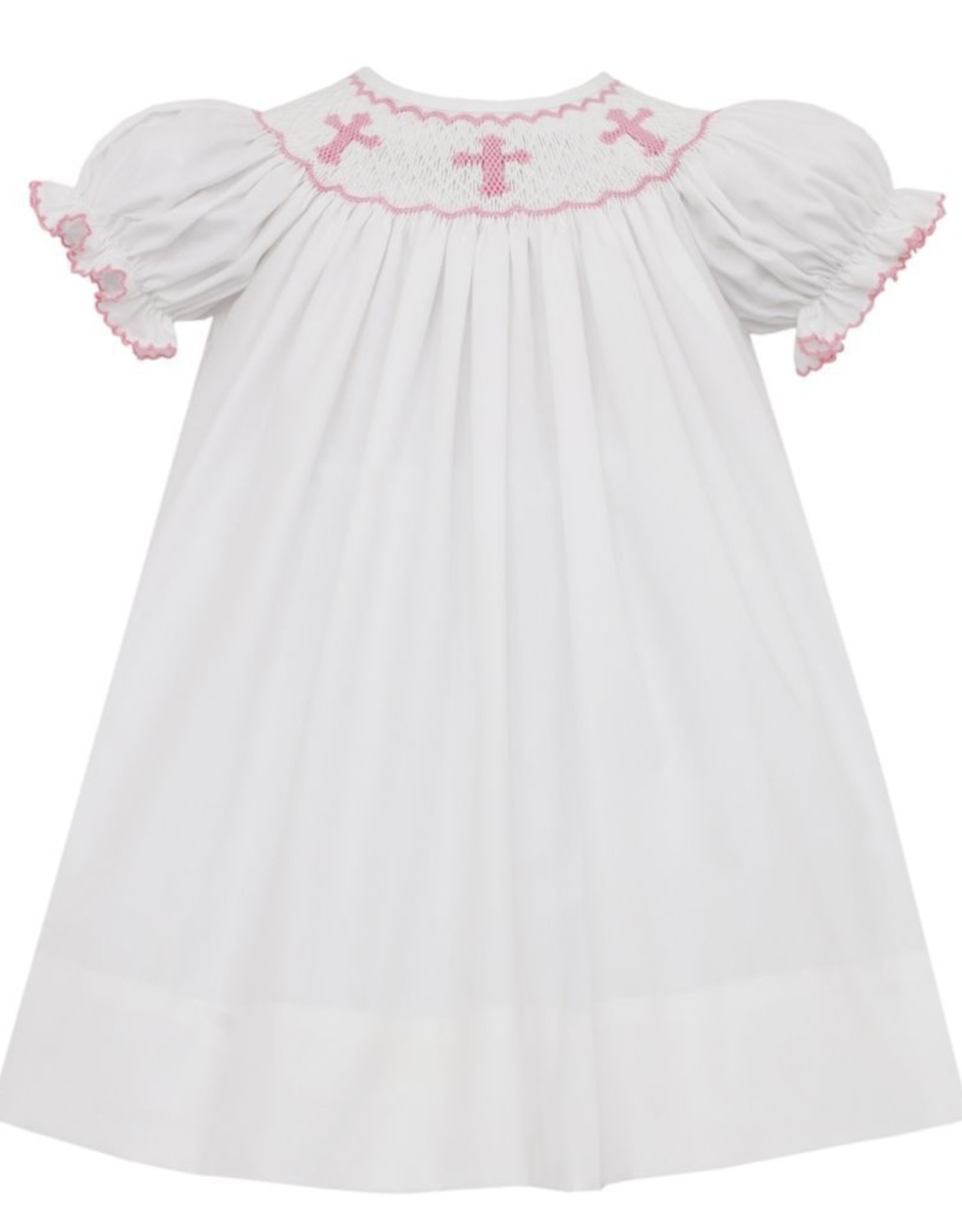 Petit Bebe Bishop Dress in White with Cross Smocking