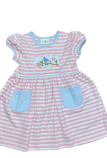 Zuccini Pink Stripe Dress with Blue Trim and Smocked Bird
