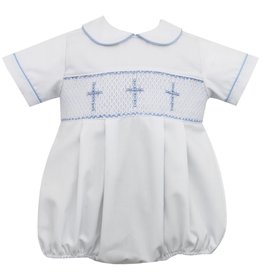 Anavini White Smocked Boys Bubble with Crosses