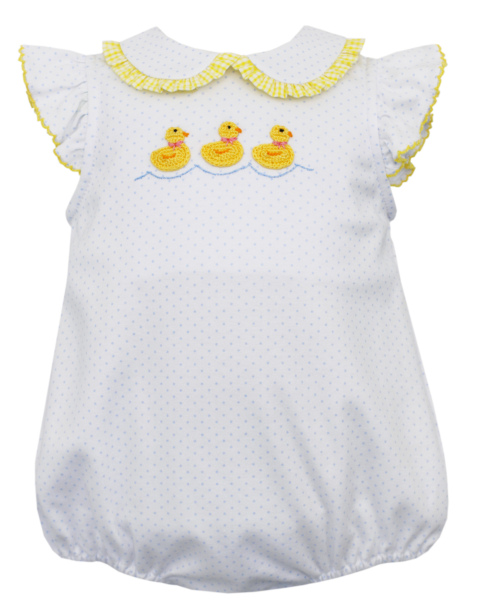 Petit Bebe Duckie Knit Embroidered Bubble w/ Blue Polka Dots