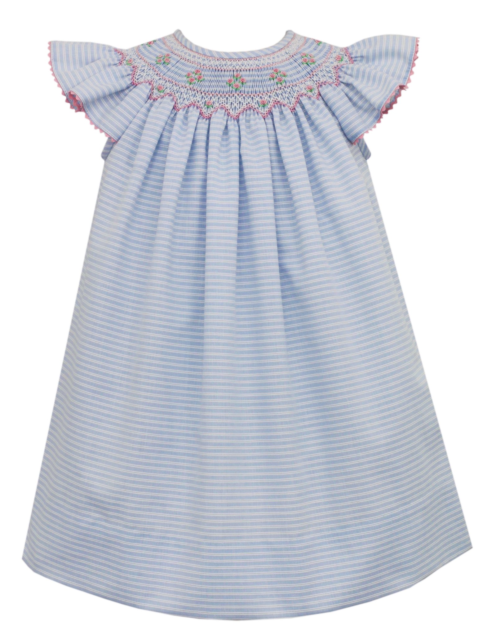 Anavini Bishop Floral Smocked Blue Stripe Dress