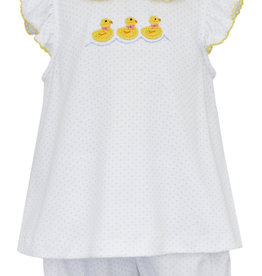 Petit Bebe Duckie Knit Embroidered Bloomer Set w/ Blue Polka Dots