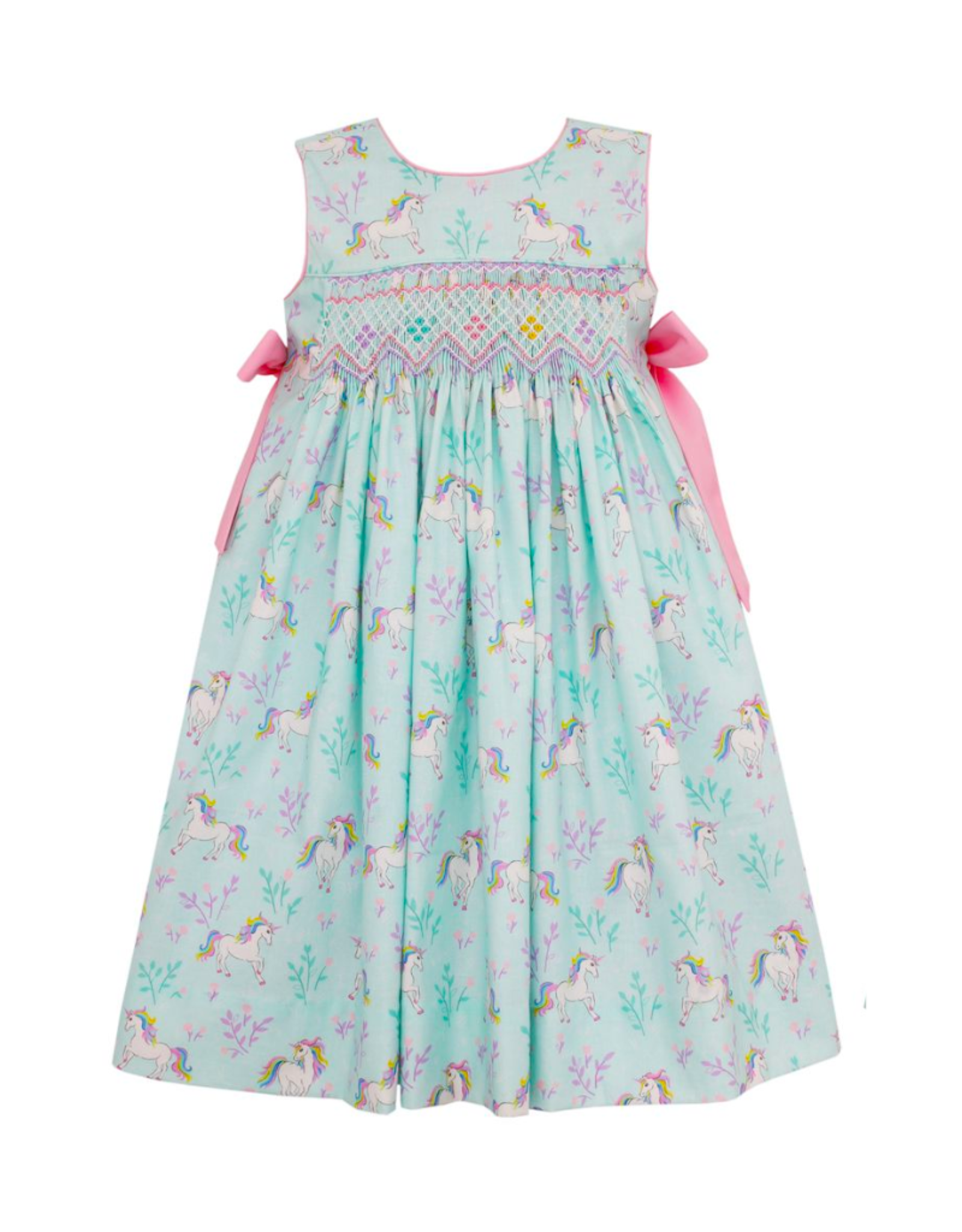 Claire and Charlie Aqua Unicorn Print Sundress with Pink Side Bows