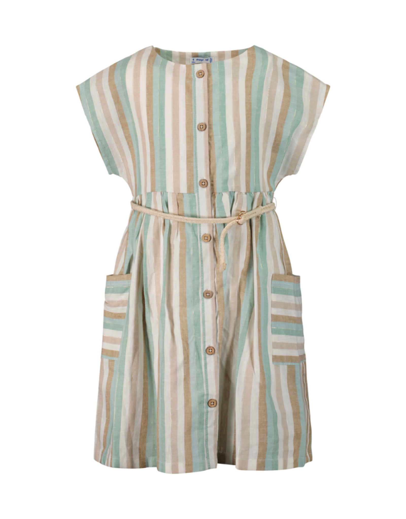 Mayoral Striped Linen Dress w/ Belt (3929), Jade