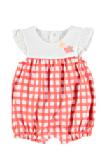 Mayoral Coral Check Short Romper with Flowers/Butterfly