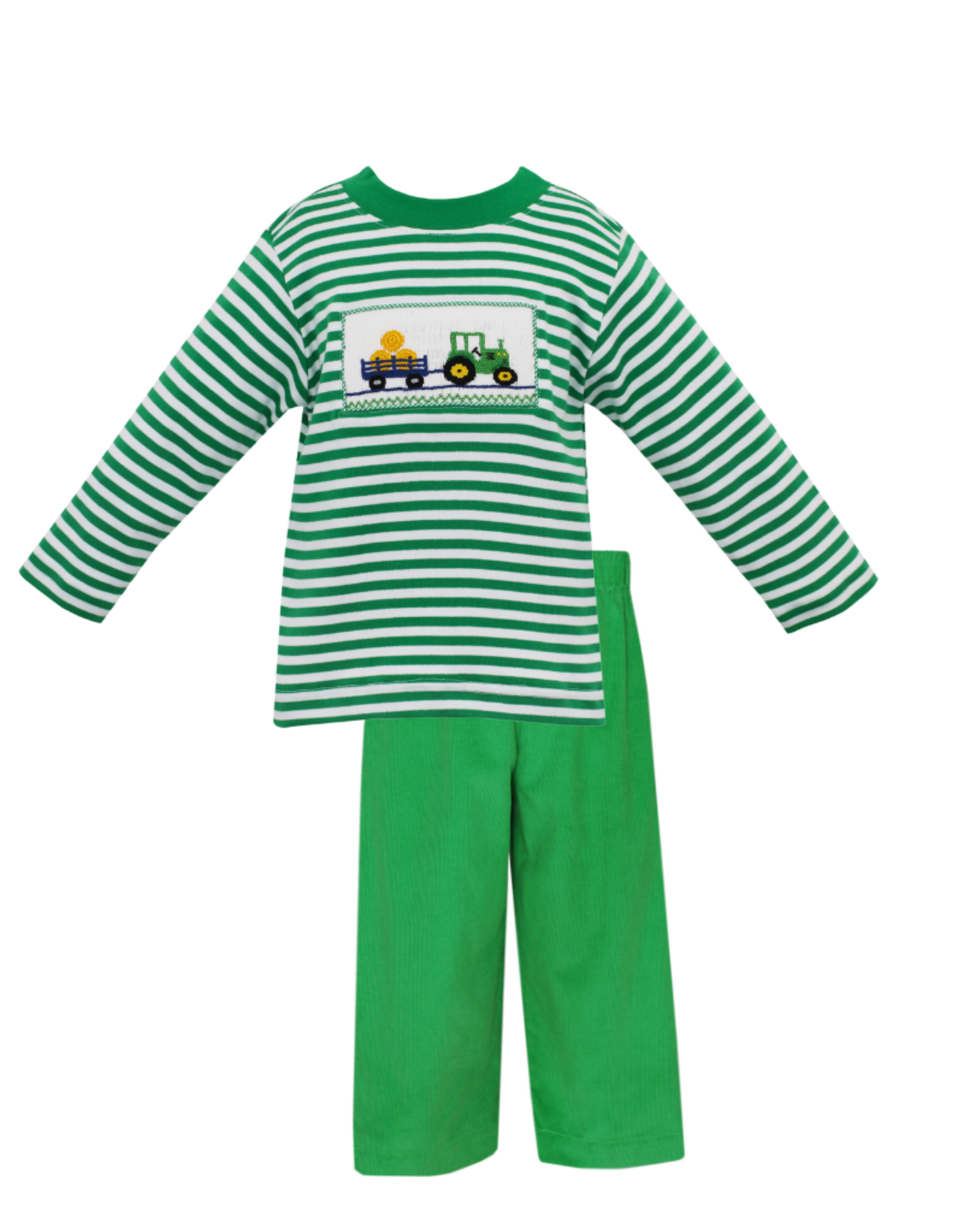 Anavini Green Cord and Smocked Tractor Pant Set
