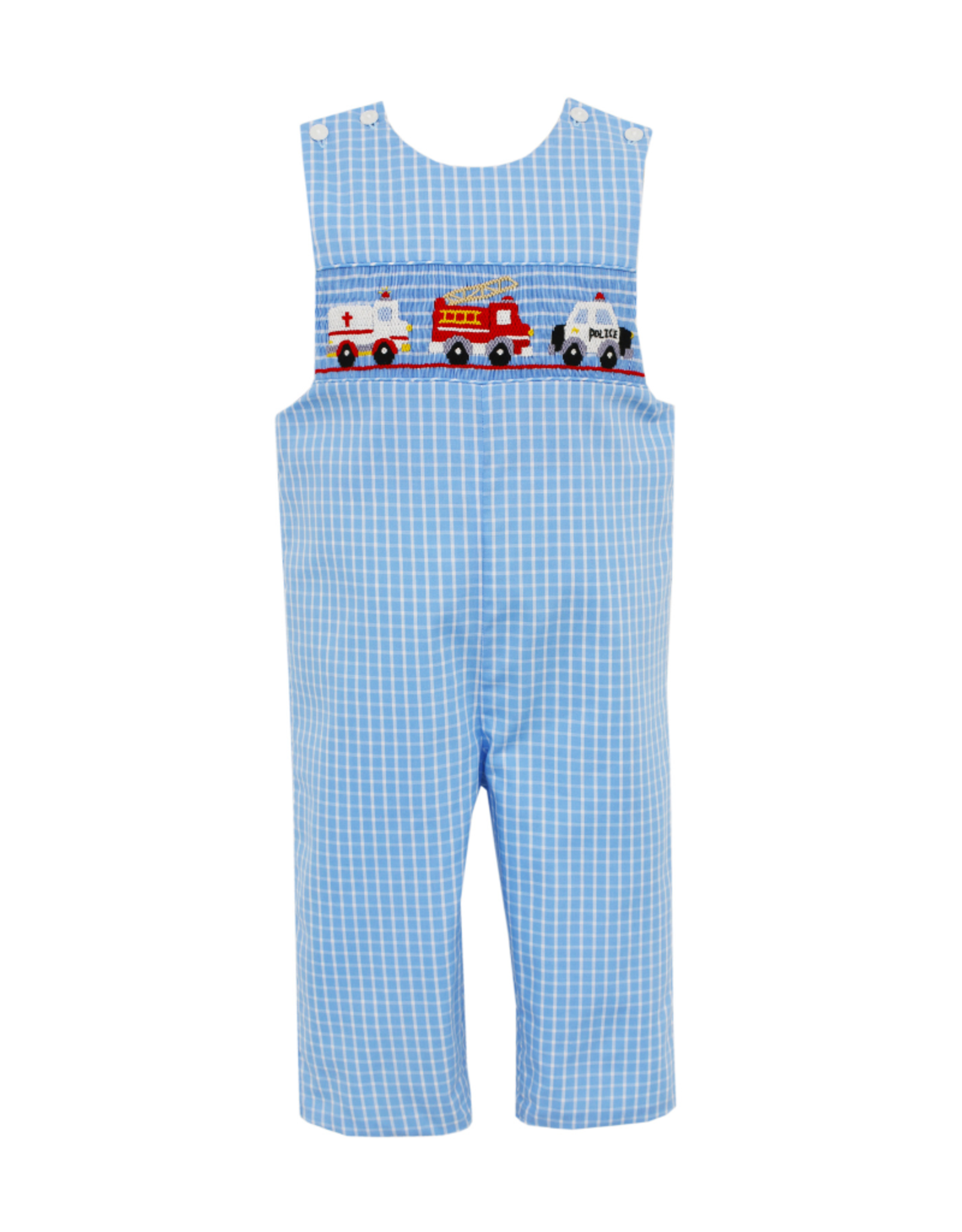 Anavini Blue Check Smocked Emergency Cars Long Jon Jon