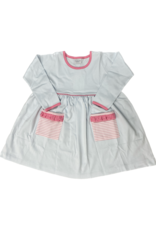 Squiggles LS Popover Dress Light Blue W/Pink Stripe Pockets