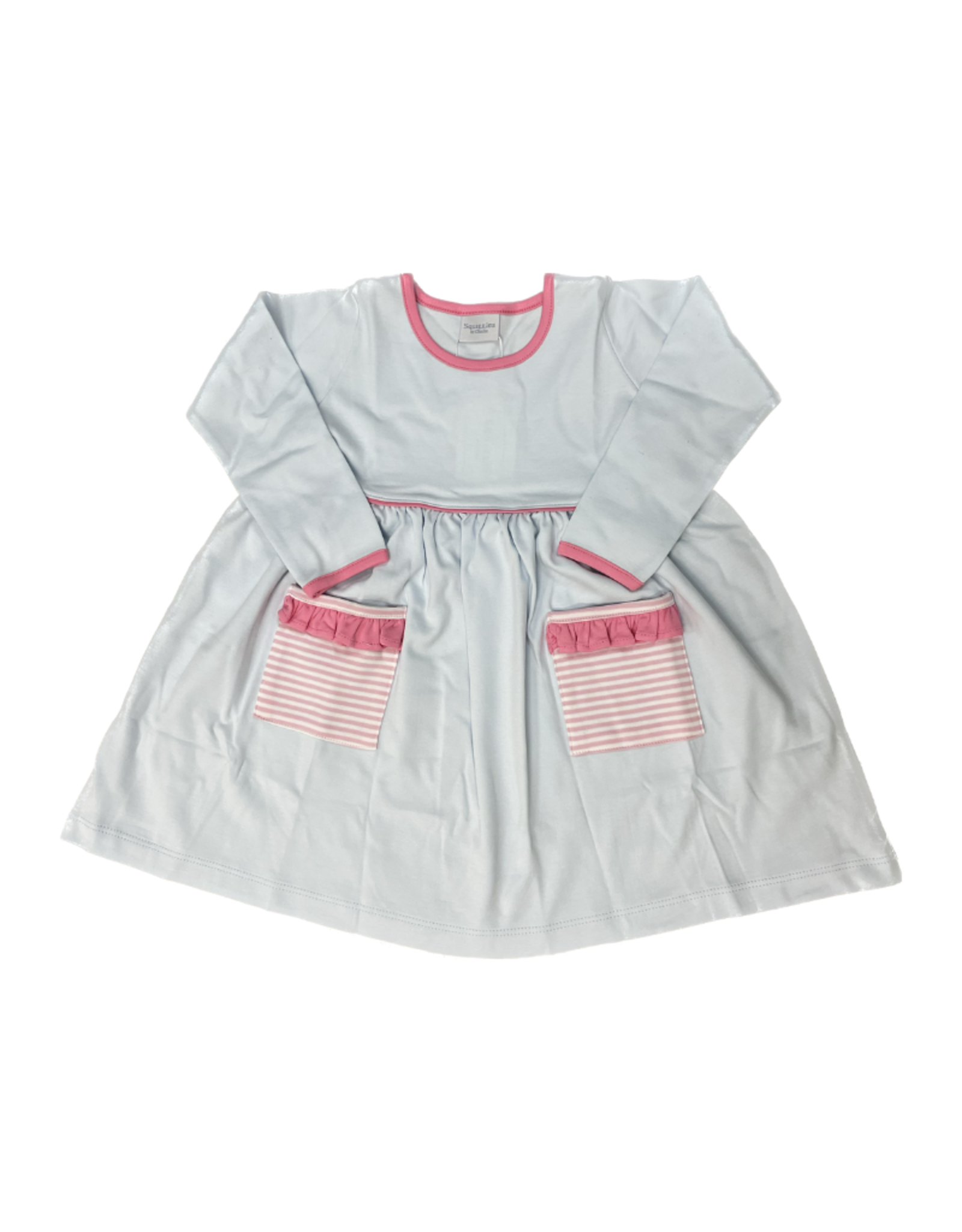 Squiggles LS Popover Dress Light Blue W/Pink Stripe Pockets