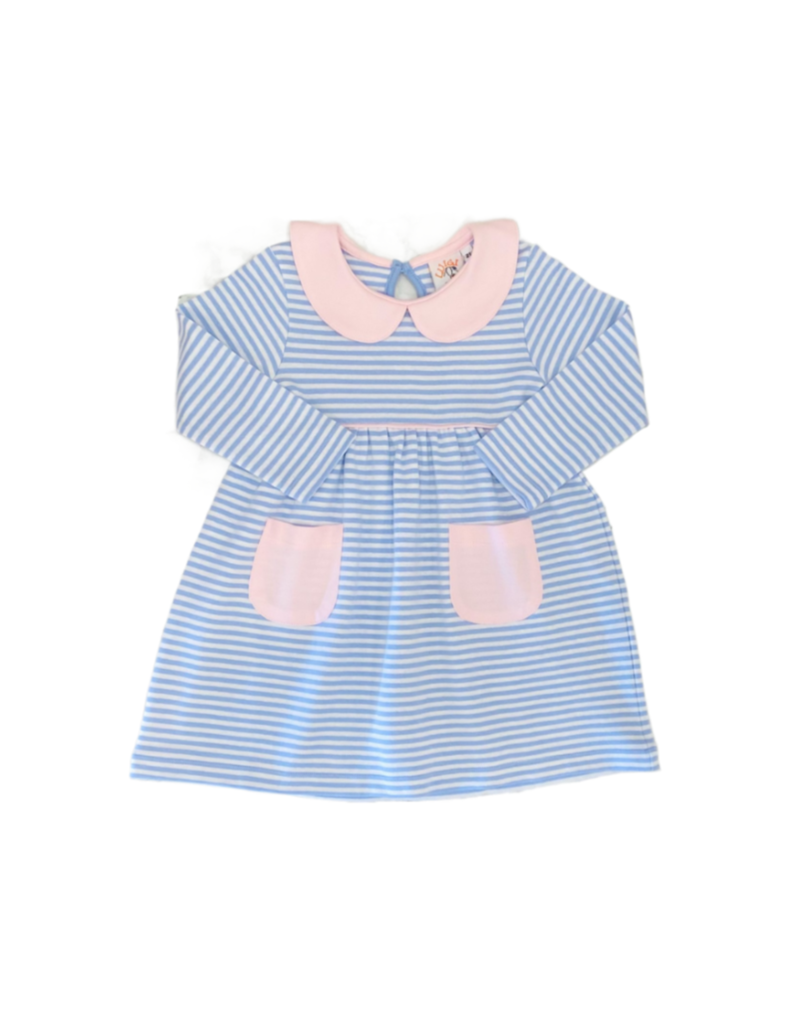 Luigi LS Stripe Dress Sky Blue/White W/ Pink Pockets