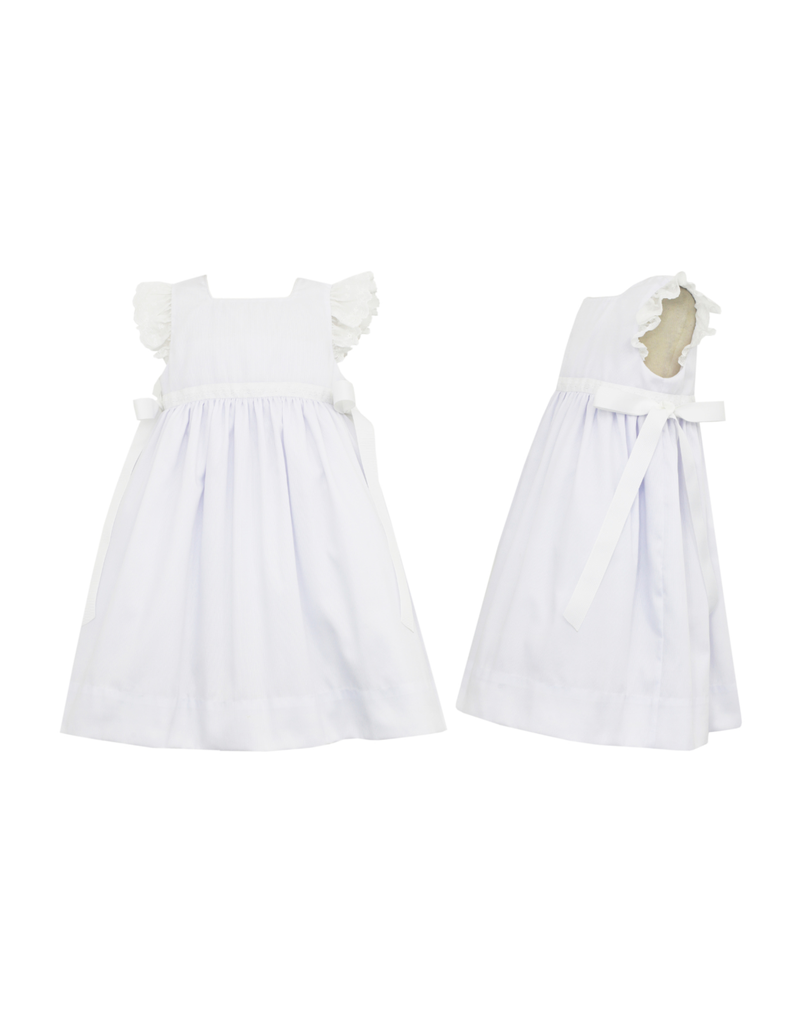 Claire and Charlie White Pique Dress with Eyelet Sleeves and Ribbon