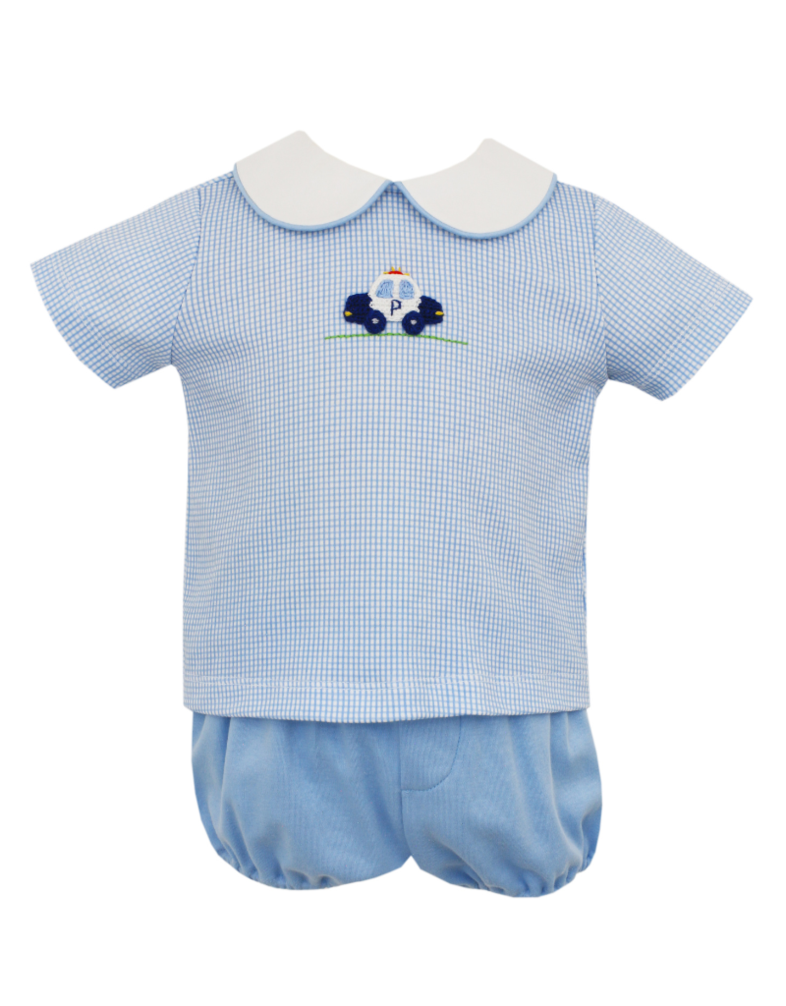 Petit Bebe Blue Gingham Knit Diaper Set with Police Car