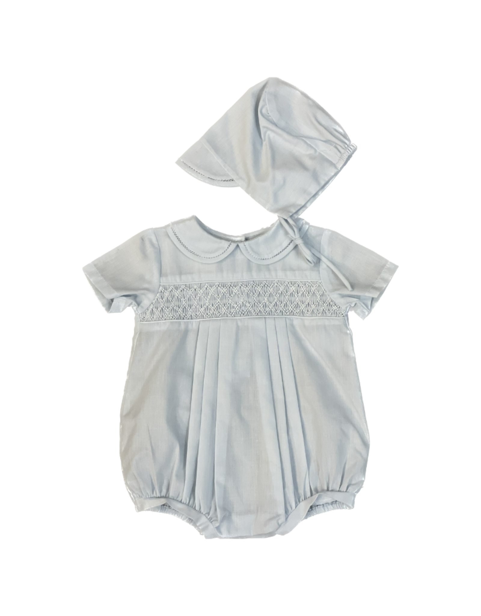 Petit Ami Blue Smocked Chest Bubble With Hat 5458