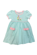 Squiggles Rainbow Blooms Popover Dress Teal Micro Stripe