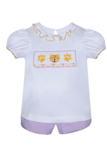Southern Saturday Purple Gingham Smocked Tiger/Paws Ruffle Short Set