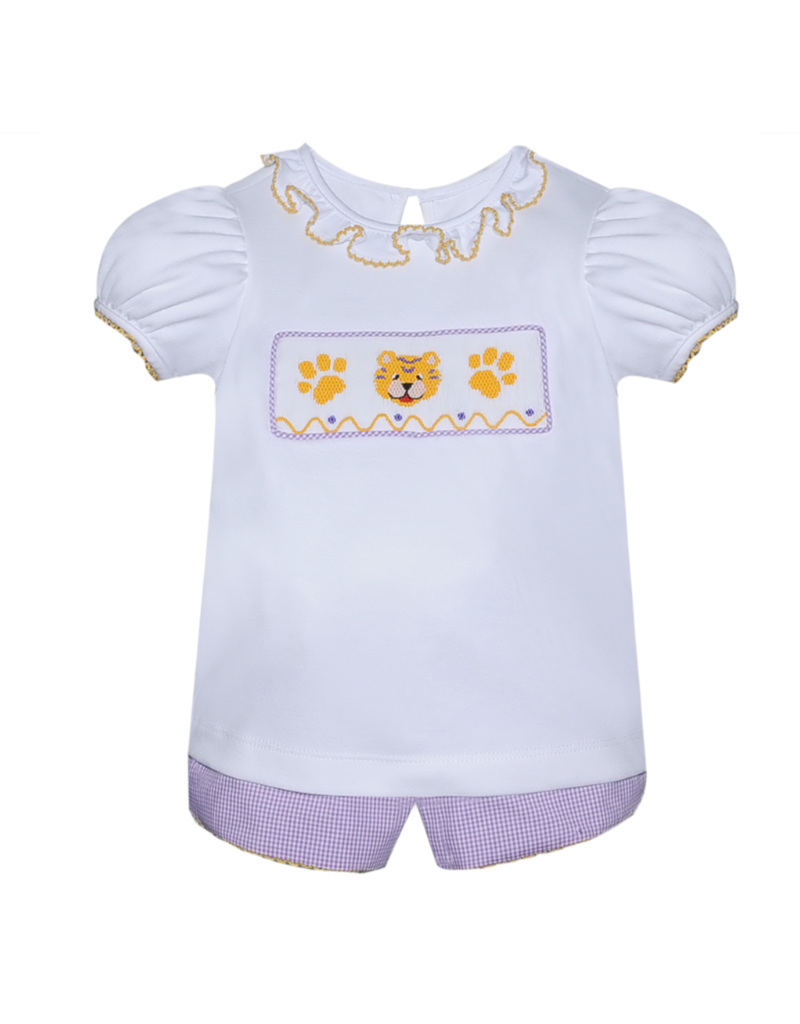Southern Saturday Purple Gingham Smocked Tiger/Paws Ruffle Short Set