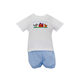 Petit Bebe Blue Windowpane Diaper Set Farm Smocking