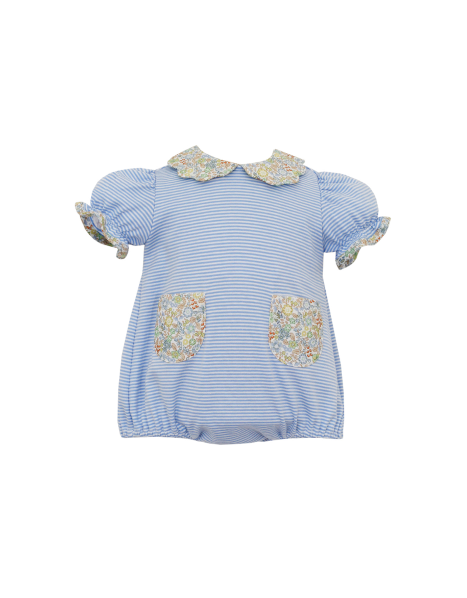 Petit Bebe Blue Stripe Knit Bubble with Floral Pockets and Scallop Collar