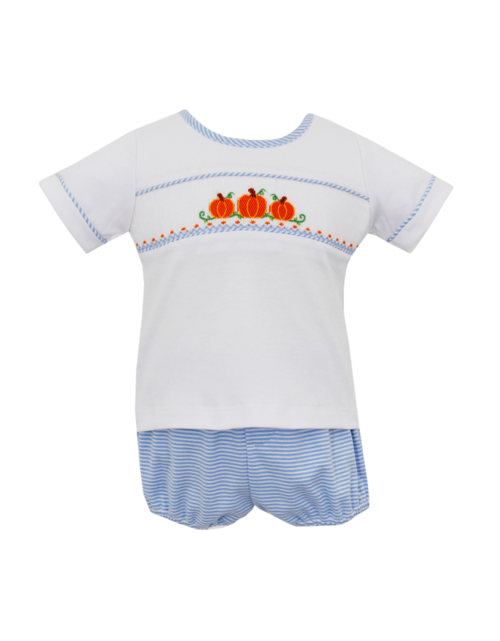 Petit Bebe Blue Knit Stripe Pumpkin Smock Diaper Set