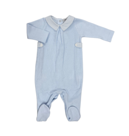 Babidu Blue Knit Footed Romper with Stripe Collar