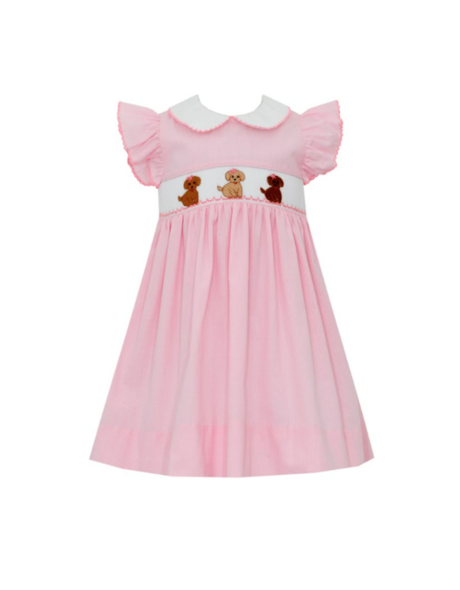 Petit Bebe Pink Micro Check SS Puppy Smock Dress