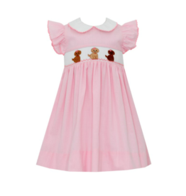 Petit Bebe Pink Micro Check SS Puppy Smock Dress