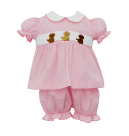 Petit Bebe Pink Micro Check SS Puppy Smock Bloomer Set