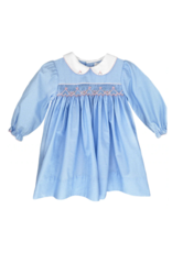 Petit Ami Blue Bitty Dot LS Dress With Bow Smocking