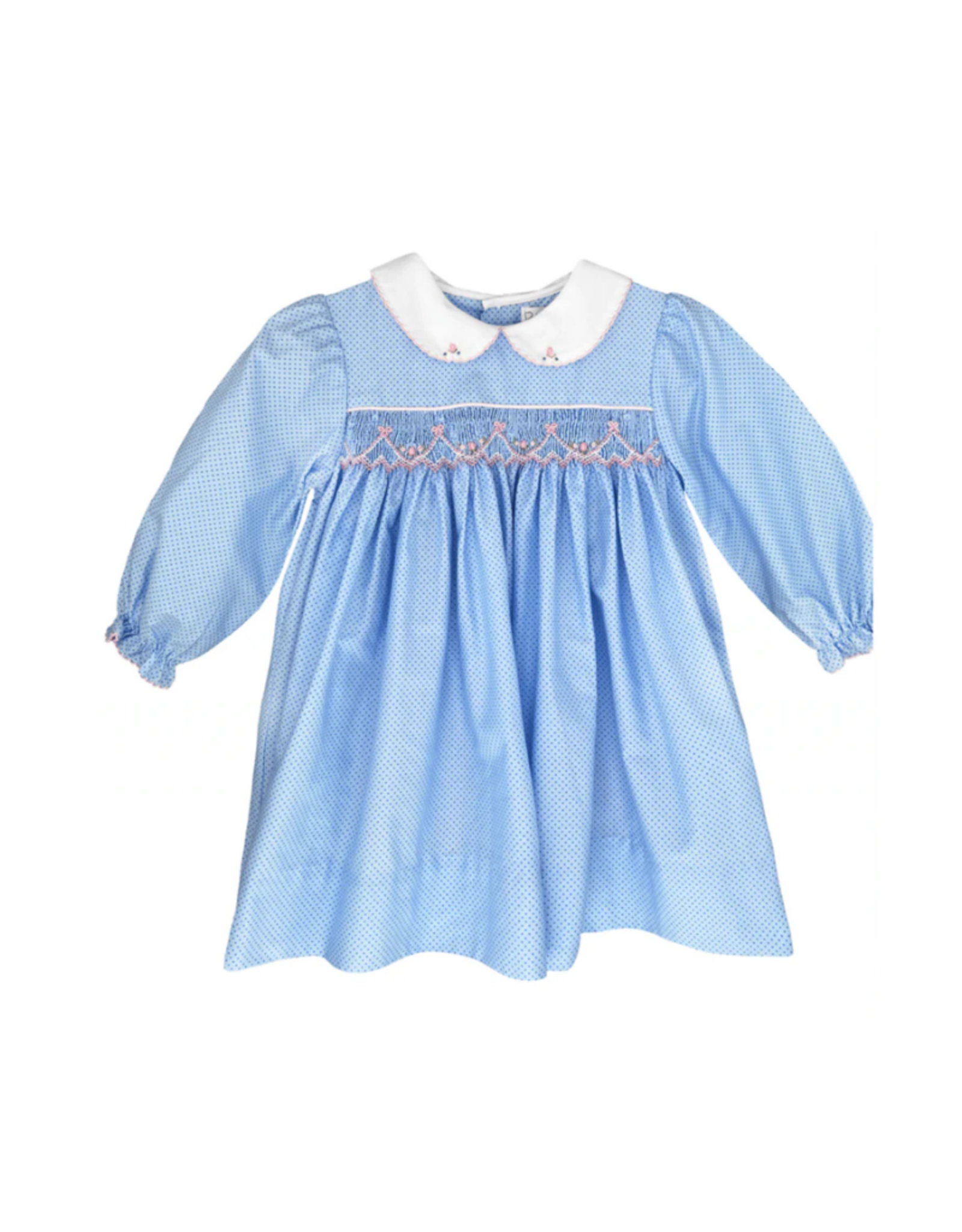 Petit Ami Blue Bitty Dot LS Dress With Bow Smocking