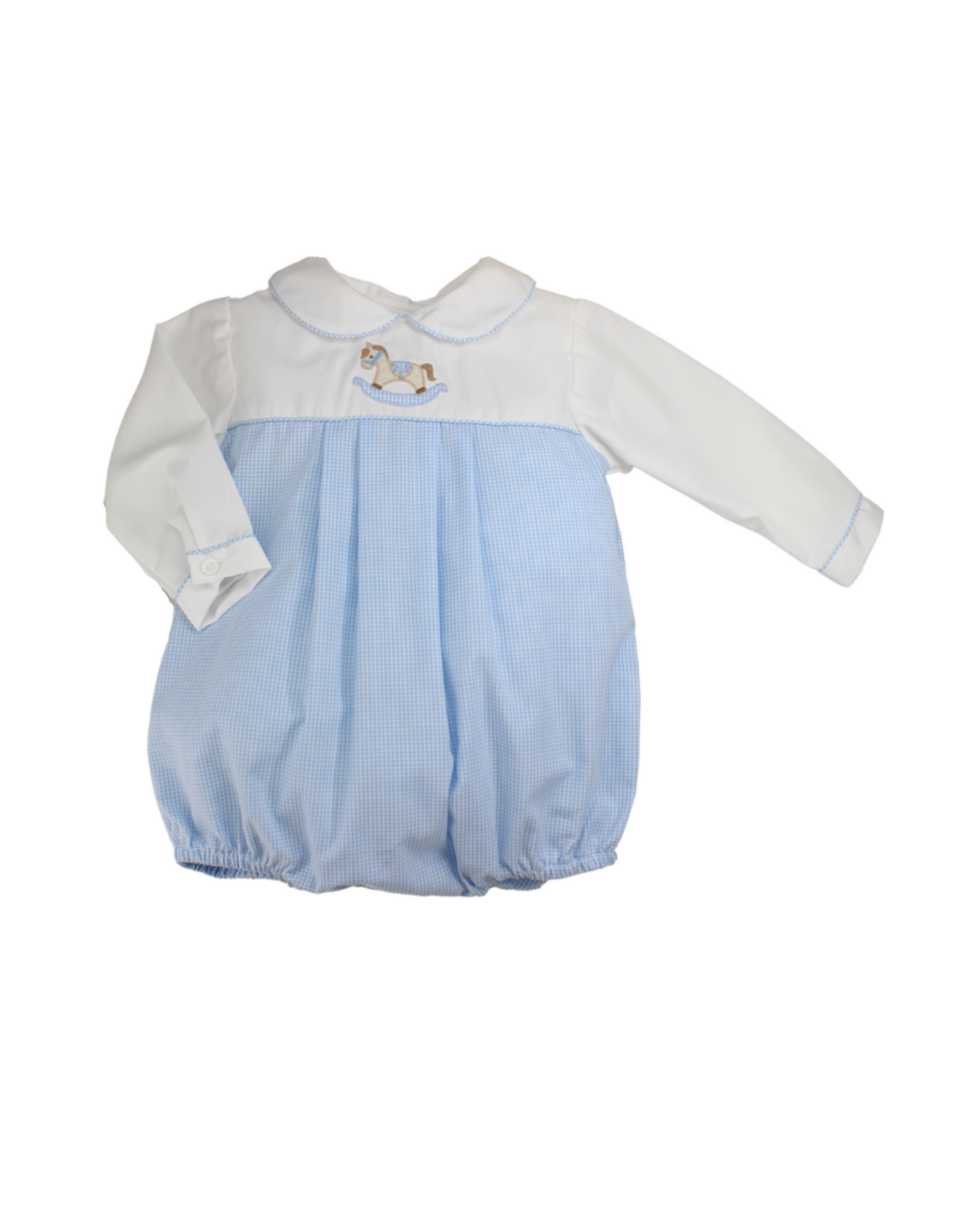 Petit Ami Blue Gingham LS Bubble with Rocking Horse