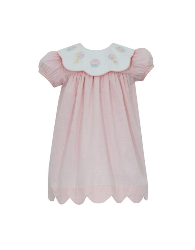 Anavini Couture Girls Pink Gingham Seersucker Dress - Scallop Collar - Fully Smocked Bodice