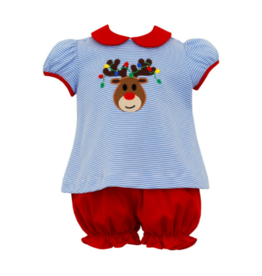 Claire and Charlie Blue Stripe Reindeer and Lights Bloomer Set
