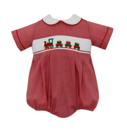 Anavini Red Micro Gingham Bubble with Train/Present Smocking