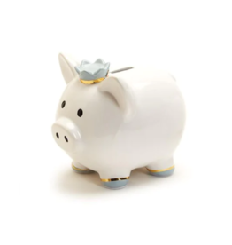 Two's Company Piggy Bank with Blue Crown in Gift Box