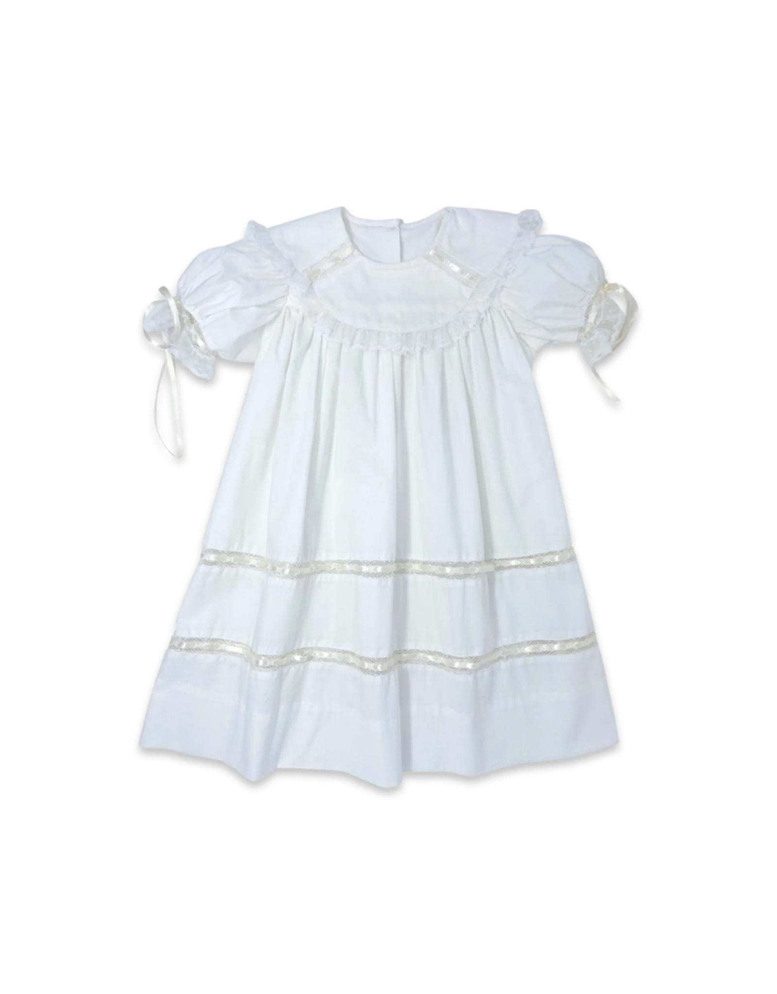 LullabySet Donahue Dress, White Batiste with Ecru Ribbon