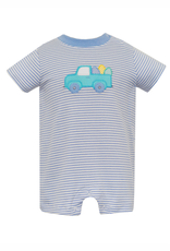 Claire and Charlie Lt Blue Stripe Knit Romper with Easter Egg Truck