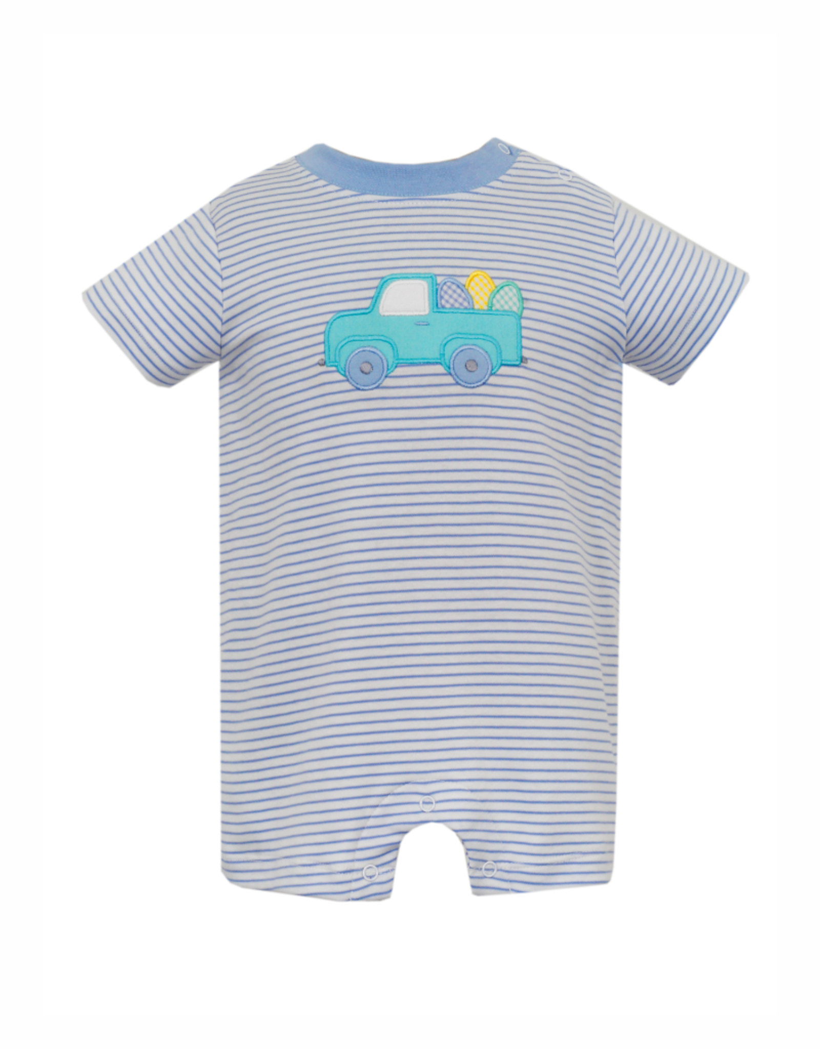 Claire and Charlie Lt Blue Stripe Knit Romper with Easter Egg Truck