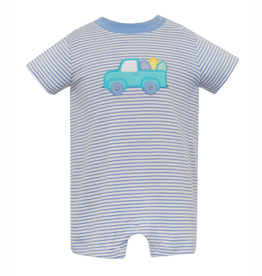 Claire and Charlie Lt Blue Stripe Knit Romper with Easter Egg Truck