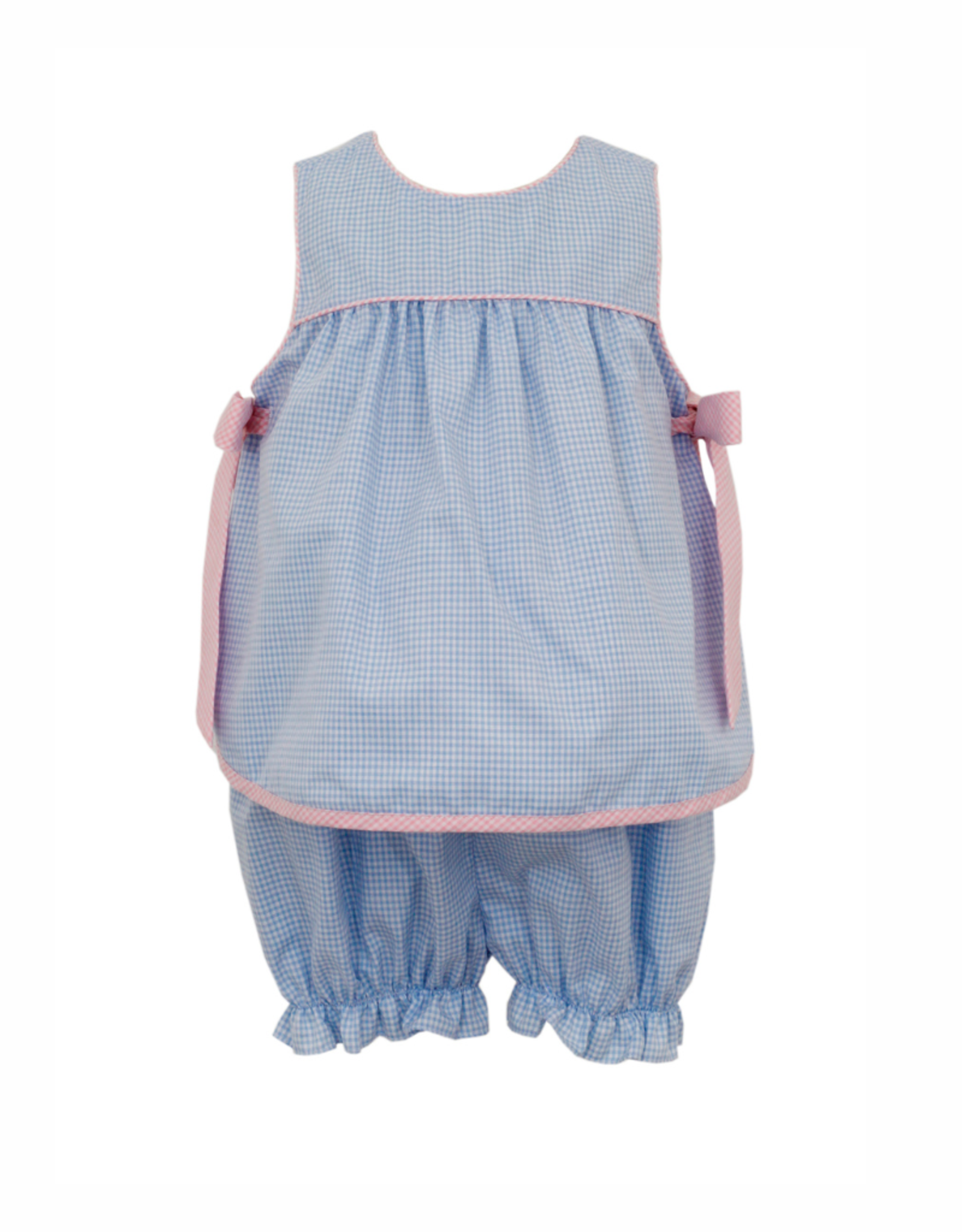 Petit Bebe Blue Gingham Apron Bloomer Set with Pink Side Bows